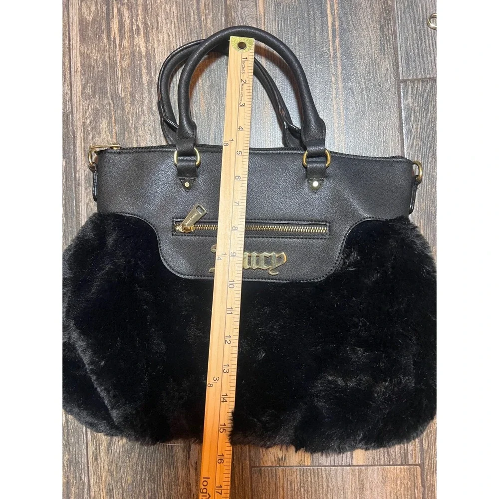 Juicy‎ Couture Black Faux Fur Satchel Handbag Gold Logo Detachable Strap Fluffy